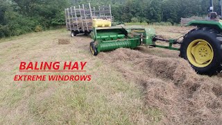 Square Baling Hay - Extreme Windrows - JD 5055D, 348 Baler & 42 Pan Kicker