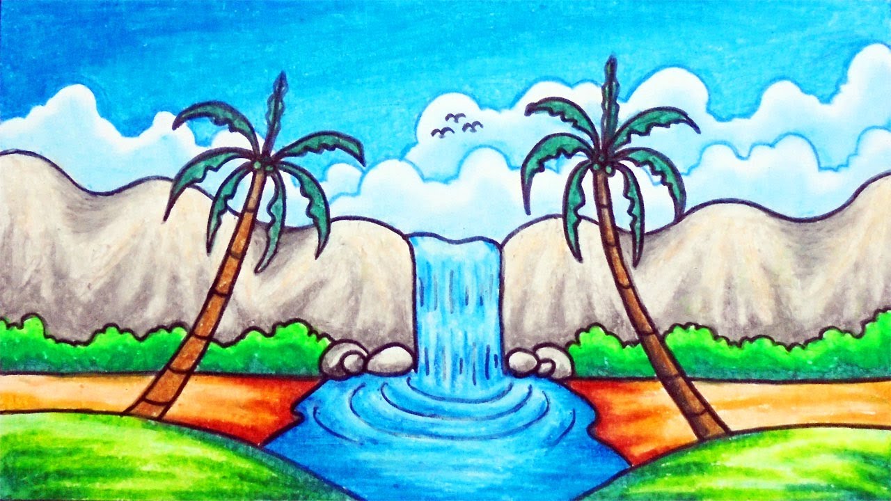 Featured image of post Mountain Waterfall Drawing Easy : Mountain landscape with waterfall and walker drawing.