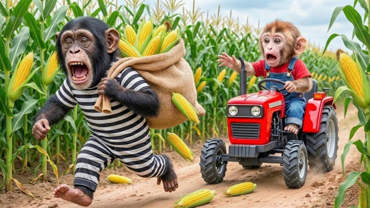 🐒🌽🚜 Monkey Mr Piku Drives Tractor to Harvest Corn and Catch a Sneaky Thief on the Farm!