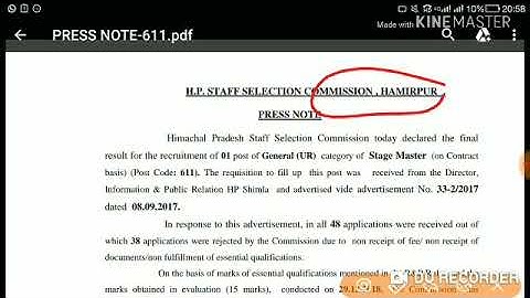 HPSSC Stage Master ( Post Code - 611 ) Final Result Declared Today | Held on - 29 Dec 2018 |