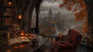 Secret Gothic Reading Nook on a Misty Autumn Evening | Dark Academia Piano & Violin Music with Rain