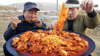 Braised Spicy Chicken with Aged Kimchi cooked on a cauldron lid - Mukbang eating show