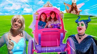 Twins PRETEND PLAY in Princess Car with Elsa, Maleficent, Jasmine, and Fairy Godmother!
