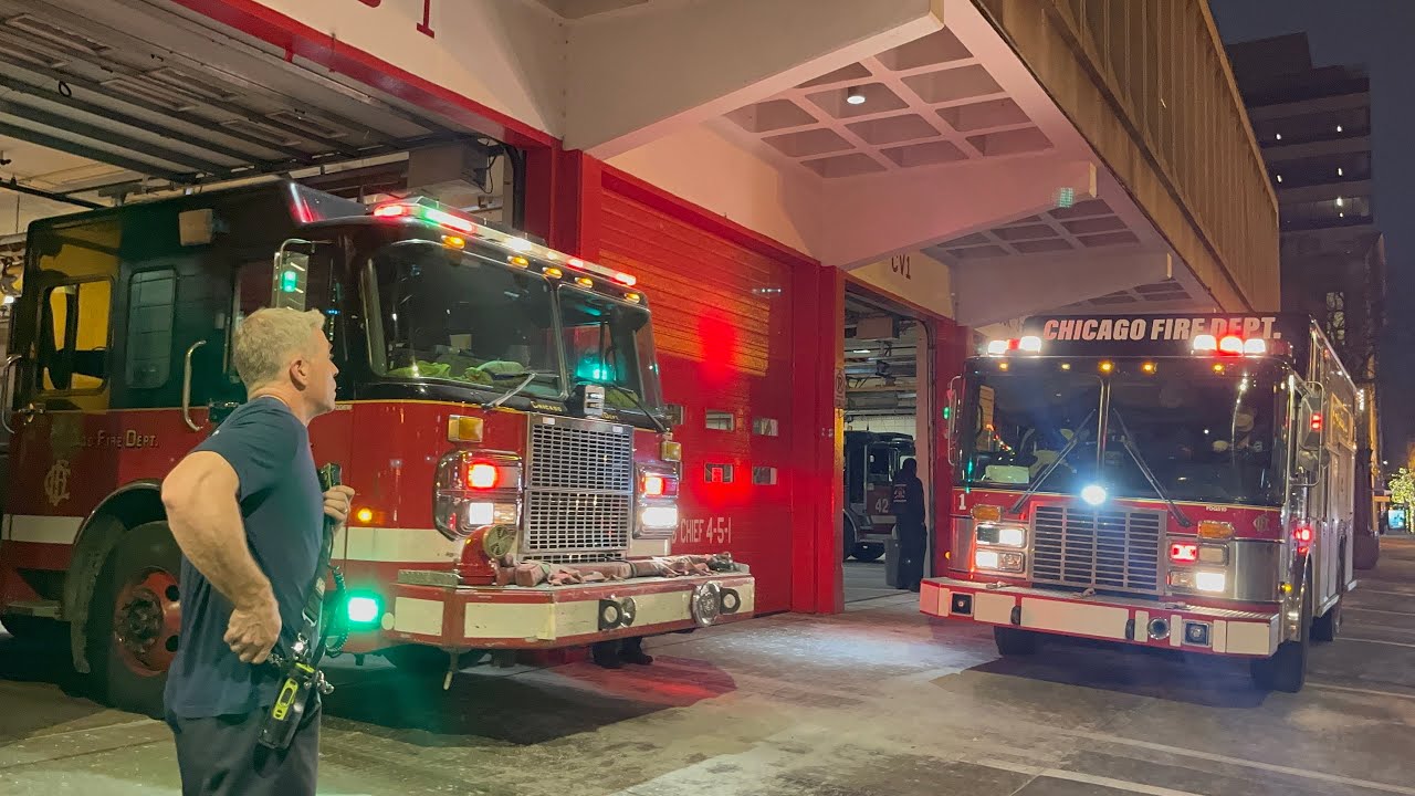 Chicago fire department engine 42 truck 3 responding/ squad 1 returning