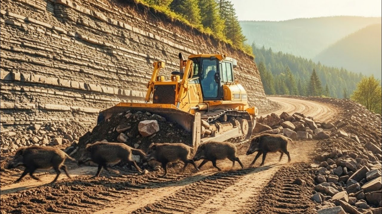 Heavy Rocks Boar Heavy Bulldozer Clearing Rocks and Dirt High in the Mountains Road ...