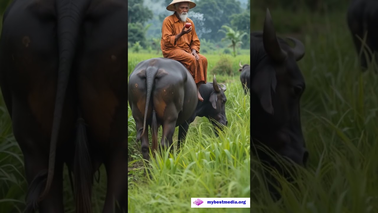 old man enjoy apple at the back of buffalo. nature life. 