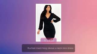 Ruched mesh long sleeve v-neck mini dress