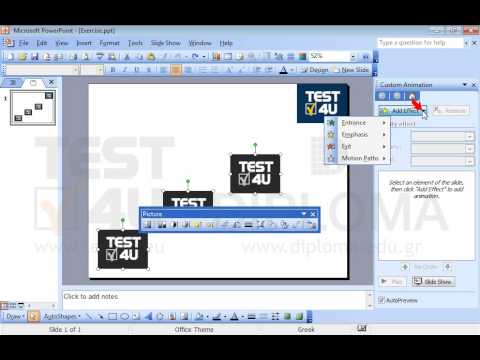 Apply the Fly In - From Bottom - Left entrance effect to the three TEST4U logos. Make sure the...