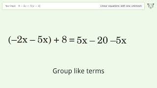 Linear equation with one unknown: Solve 8-2x=5(x-4) step-by-step solution
