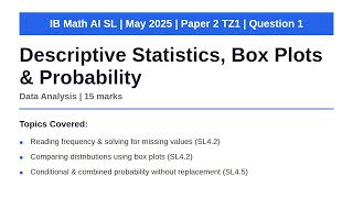 Descriptive Statistics, Box Plots & Probability | IB Math AI SL | May 2025 Paper 2 TZ1 Q1