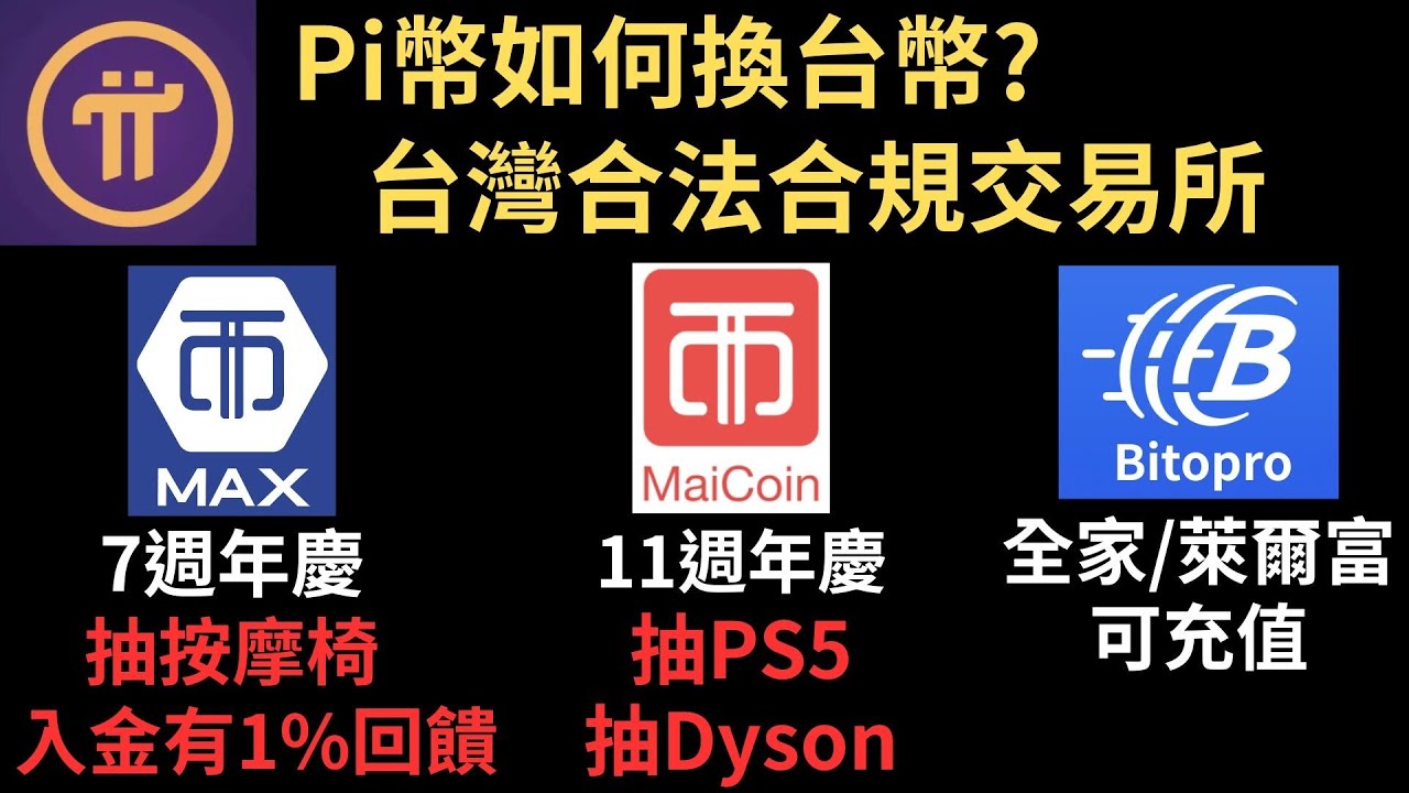Pi幣如何換台幣? 台灣合法合規交易所! 推薦MAX交易所抽按摩椅和入金1%回饋活動! 推薦Bitopro 全家/萊爾富超商可儲值!  推薦Maicoin抽PS5和Dyson活動（建議1.5倍速） - YouTube