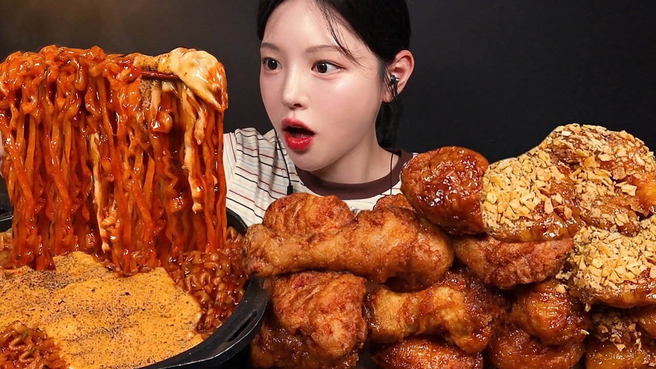 SUB)바삭단짠 허니콤보에 체다치즈 불닭볶음탕면 먹방! 허니옥수수 치킨 불닭 꿀조합 Honey Chicken & Buldak Noodles Mukbang Asmr