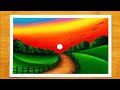 Easy Sunset Scenery Drawing for Beginners | Step by Step Oil Pastel Art
