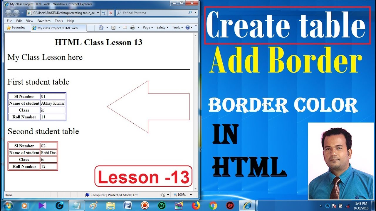 table border style  New 2022  Create table, Add border, Border Colour in HTML Lesson-13