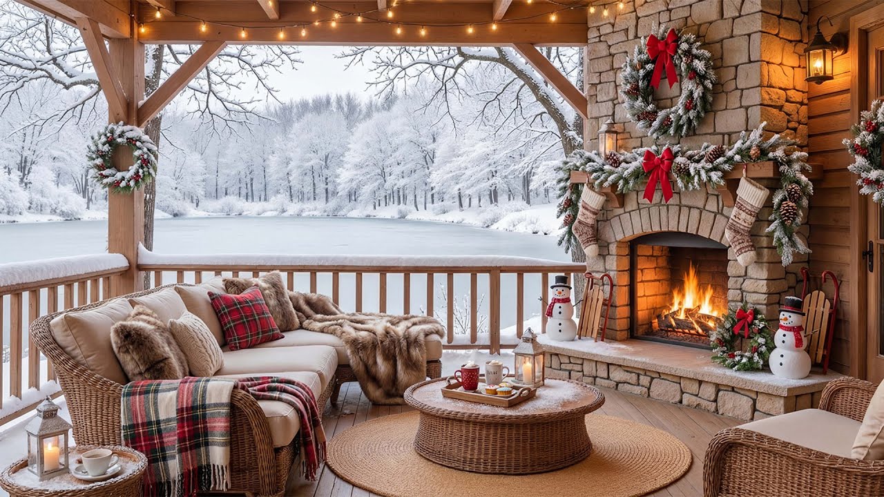 Winter Ambience by the Lake ❄️💨 Relaxing Piano Music with Fireplace & Blizzard Sounds for Relax
