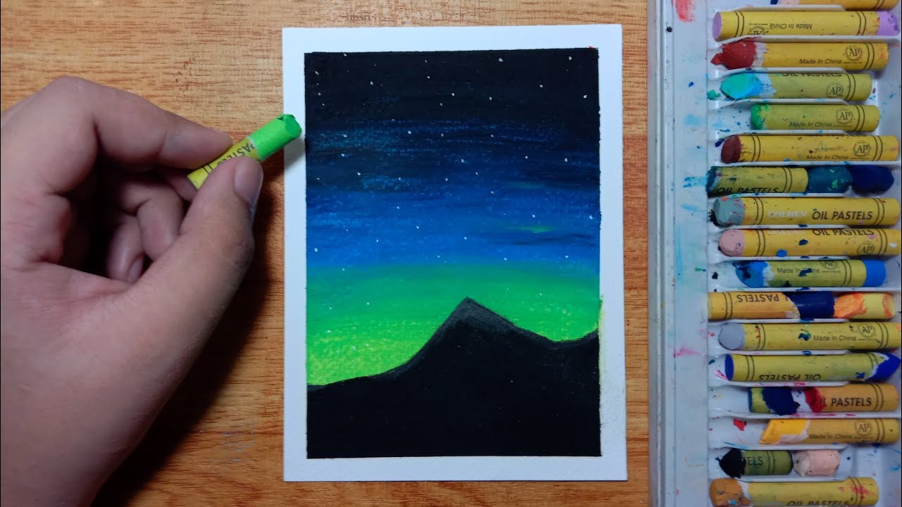 Easy And Simple Aurora Night Sky Oil Pastel Drawing For Beginners