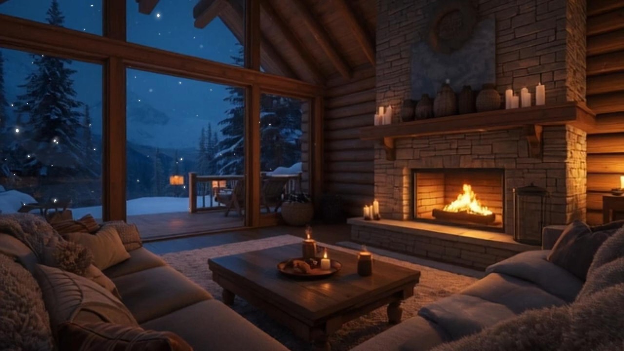 Winter Night in a Glass Cabin ❄️ Fireplace Glow, Snowfall & Smooth Jazz for Deep Focus