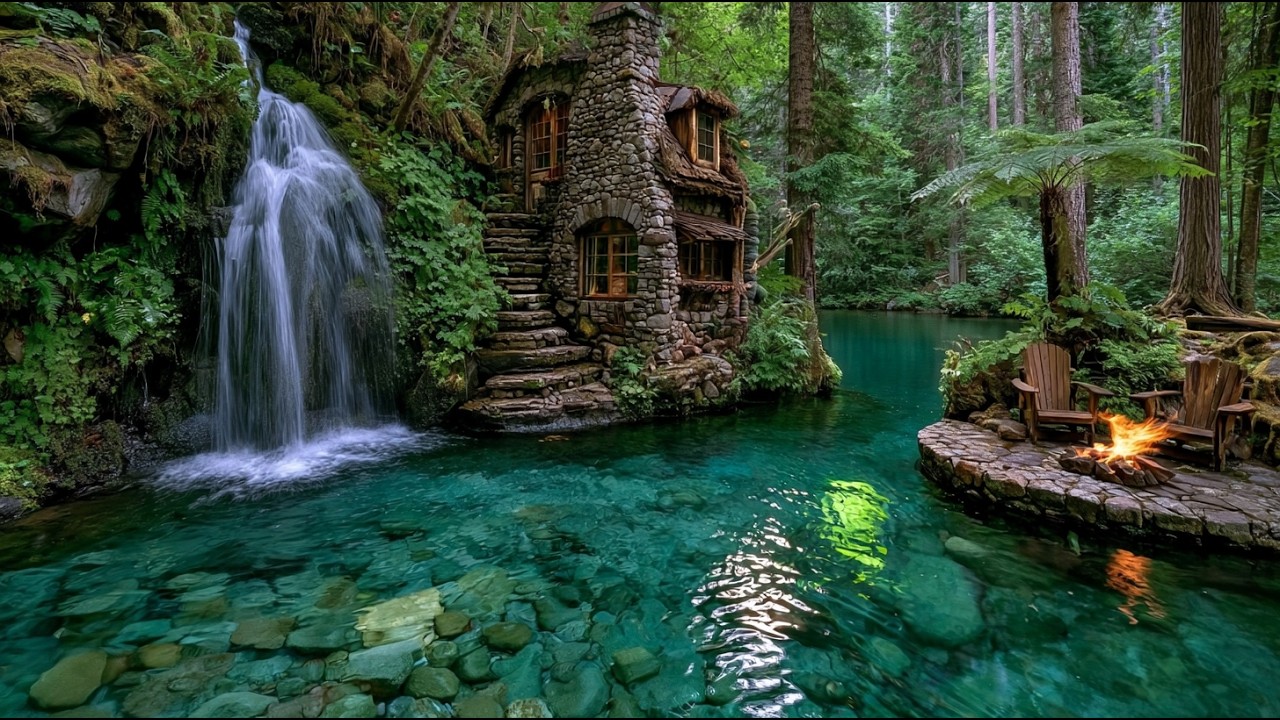 Soothing Piano Music in a Cozy Riverside Cabin 🌿🔥 Campfire & Nature Sounds for Deep Sleep & Relaxa