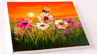 Landscape Painting Flower Field | Wildflowers at Sunset | Acrylic Painting Tutorial