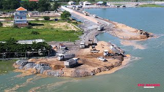 Making Road In Water to Middle of Lake with Bulldozer Pushing Stone And Truck Unloading Stones!