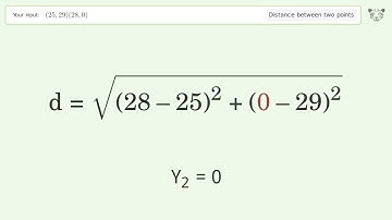 Find the distance between two points p1 (25,29) and p2 (28,0): Step-by-Step Video Solution