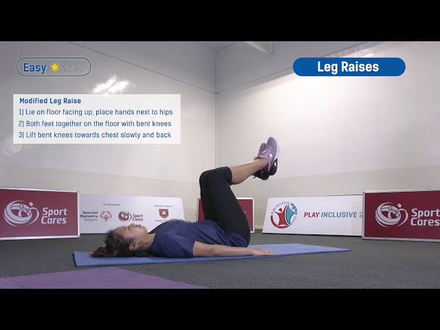 Thumbnail for This video demonstrates how to perform leg raises at 3 difficulty levels: Easy, Standard, and Advanced. A trainer guides you through each level, showing the correct posture, body positioning, and movement technique for each stage.