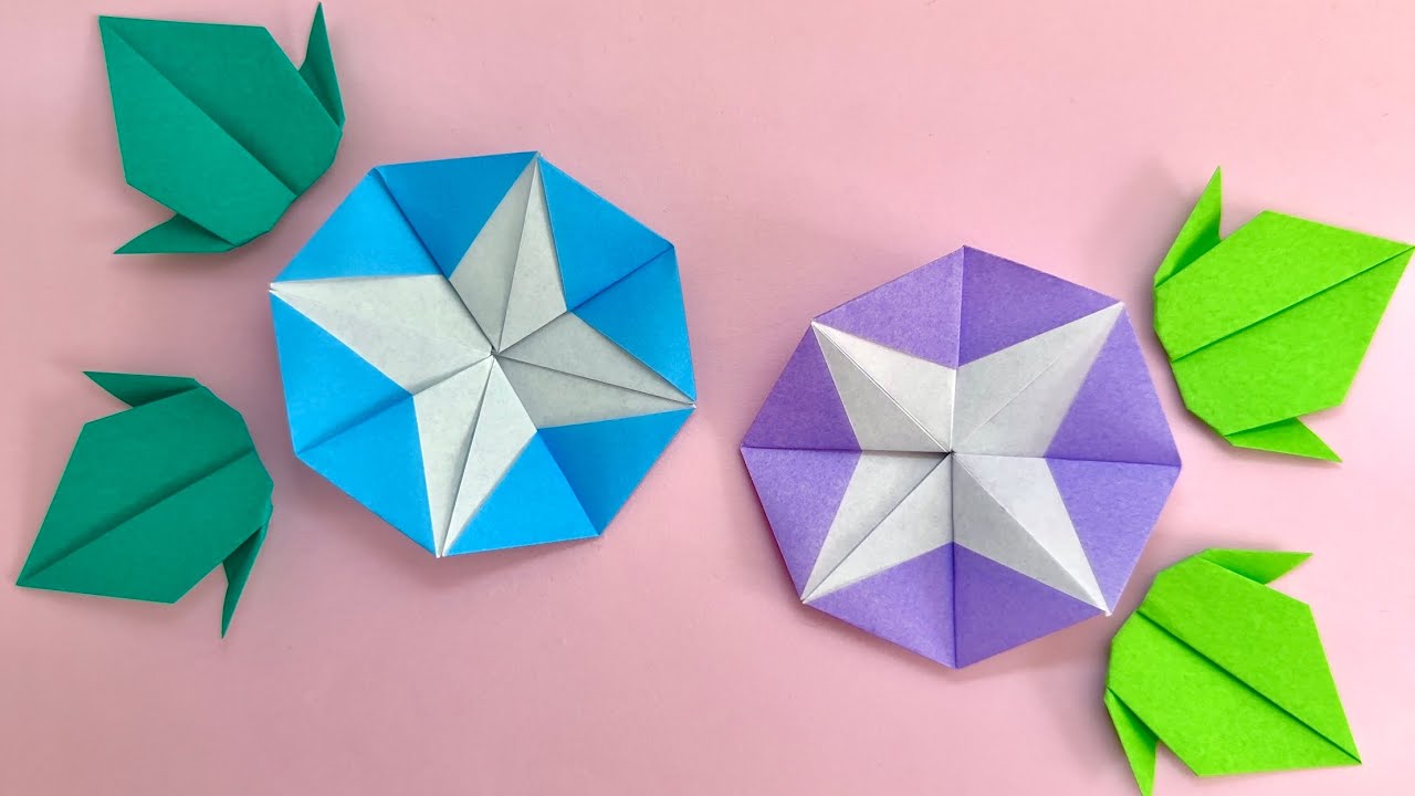 折り紙 簡単 可愛い 朝顔と葉っぱの折り方 Origami How to make Morning Glory Paper Craft DIY 花 Flower