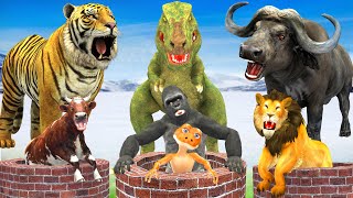 Zombie Dinosaur vs Gorilla Cow Cartoon Tiger Buffalo Bull Mammoth Fight Mini Cow Cartoon Rescue