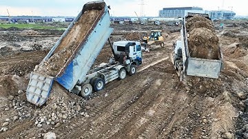 Huge Landfilling Up New Layer Bulldozer Spreading Soil Skills Operator Dump Truck Unloading Dirt