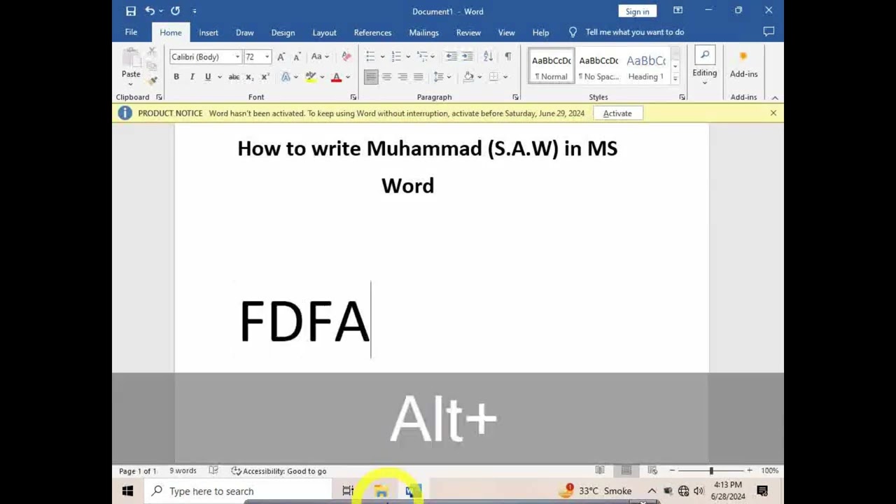 Write Muhammad (S. A. W) in MS word