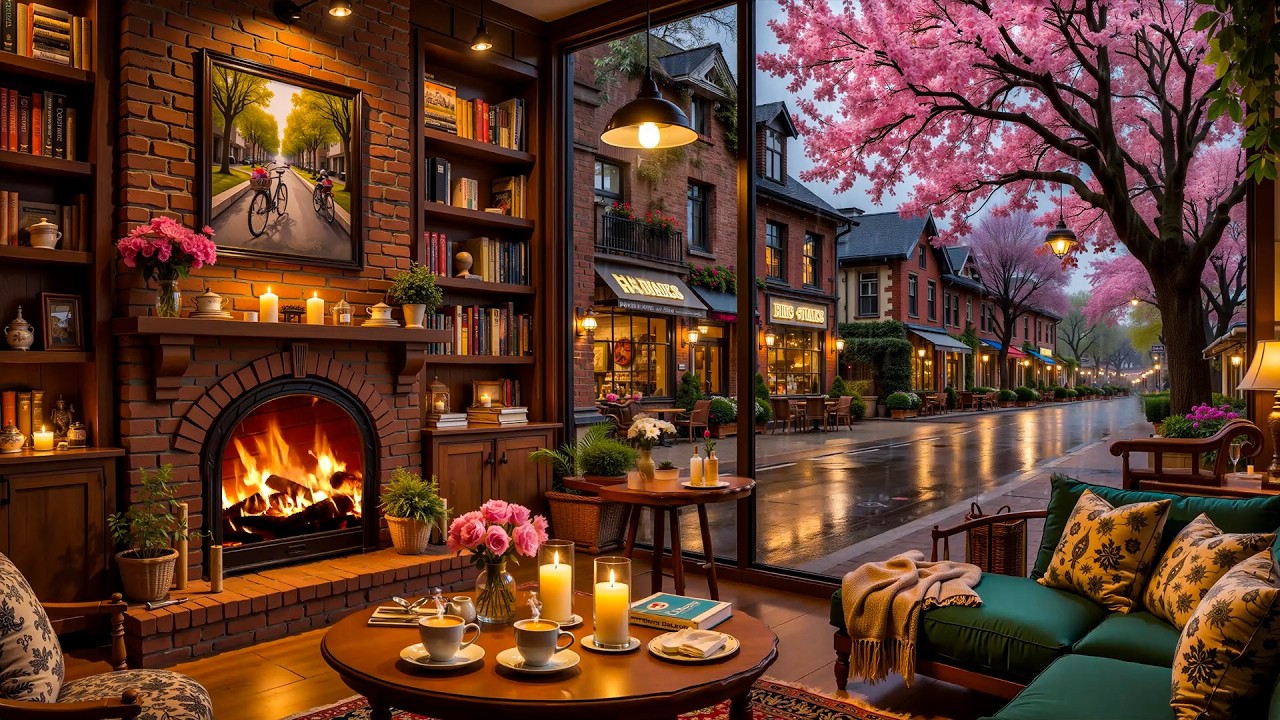 Rainy Spring Jazz Café 🎶🌻 Gentle Piano Jazz & Cozy Fireplace Ambience for Study, Relax & Focus Mood