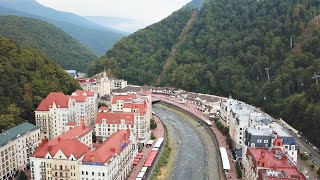 Сочи Роза Хутор Горнолыжный курорт Канатная дорога Фуникулер Горы Дрон Вид с квадрокоптера