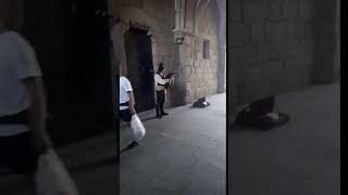 Gaitero a la entrada de la Plaza del Obradoiro. Camino Roma a Santiago