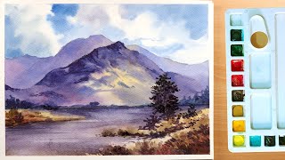 Watercolor Magic: Capturing a Purple Mountain and Sky Reflection Painting