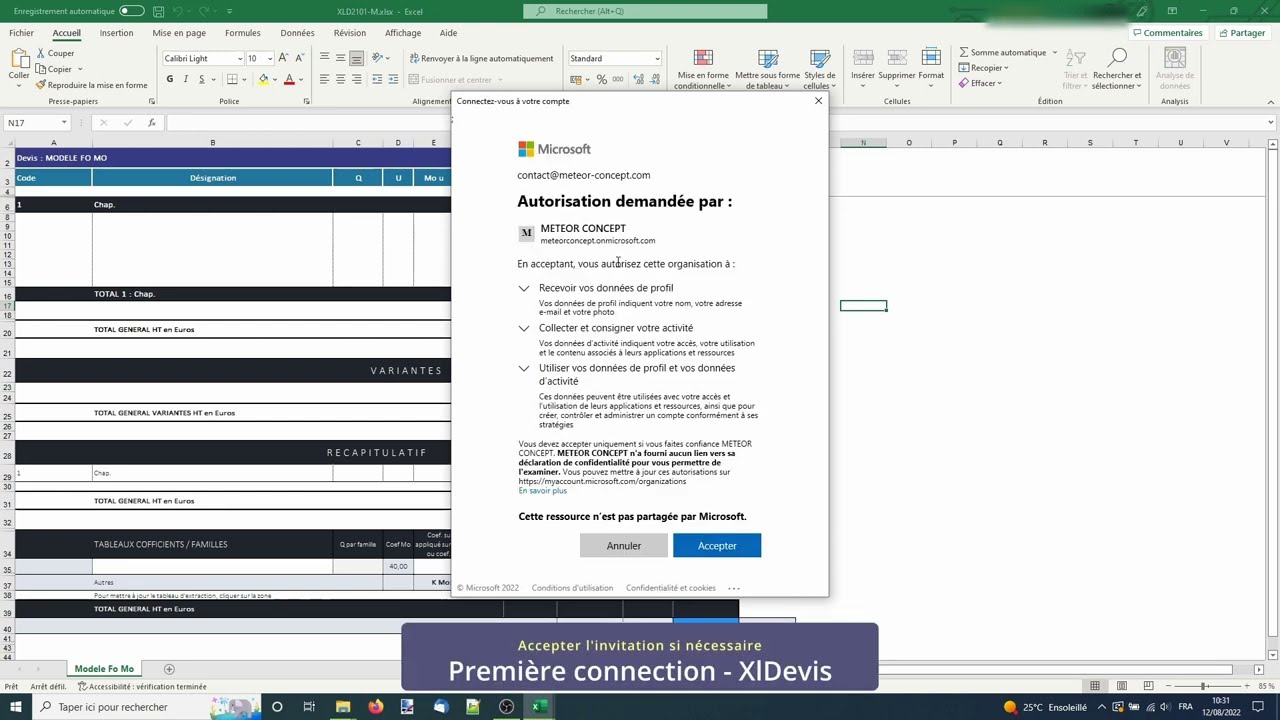 Première connection à XlDevis - le logiciel de chiffrage sous Excel adapté pour tous vos devis.
