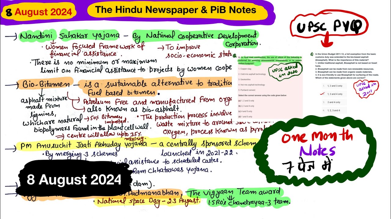 8 August 2024 |The Hindu Handwritten Notes |Pib Current Affairs Notes ...