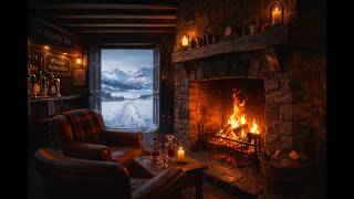 Scottish Highlands Pub Ambience | Snowstorm, Cozy Celtic Tavern Music &amp; Fireplace Sounds