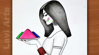 Happy Holi drawing | Holi drawing girl| Holi festival images for drawing | Drawing Pictures | Chitra screenshot 2