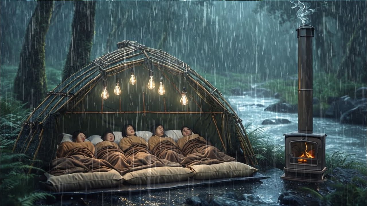 CAMPING IN HEAVY RAIN AND THUNDER // Struggling to build a shelter ...