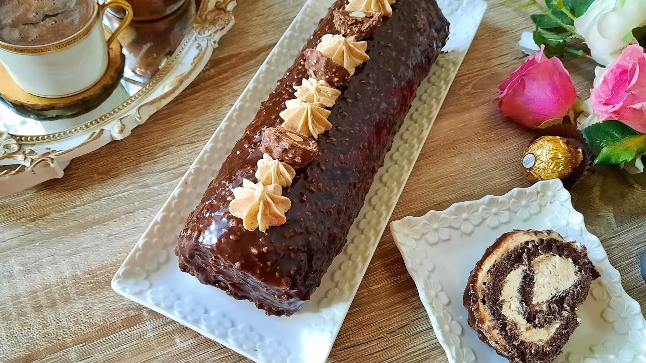 bûche roulée praliné au glaçage ferrero rocher قاتو رولي بكريمة الزبدة