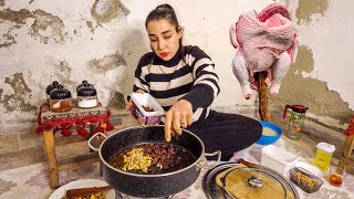 The life of a nomadic girl and cooking rice, chicken, raisins and walnuts | Iranian village