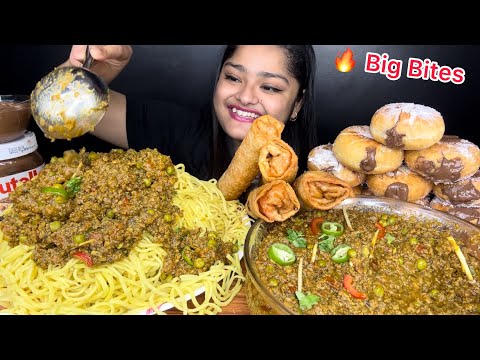 spicy-mutton-kheema-with-noodles,-chicken-and-noodles-spring-rolls,-nutella-stuffed-donuts-|-mukbang