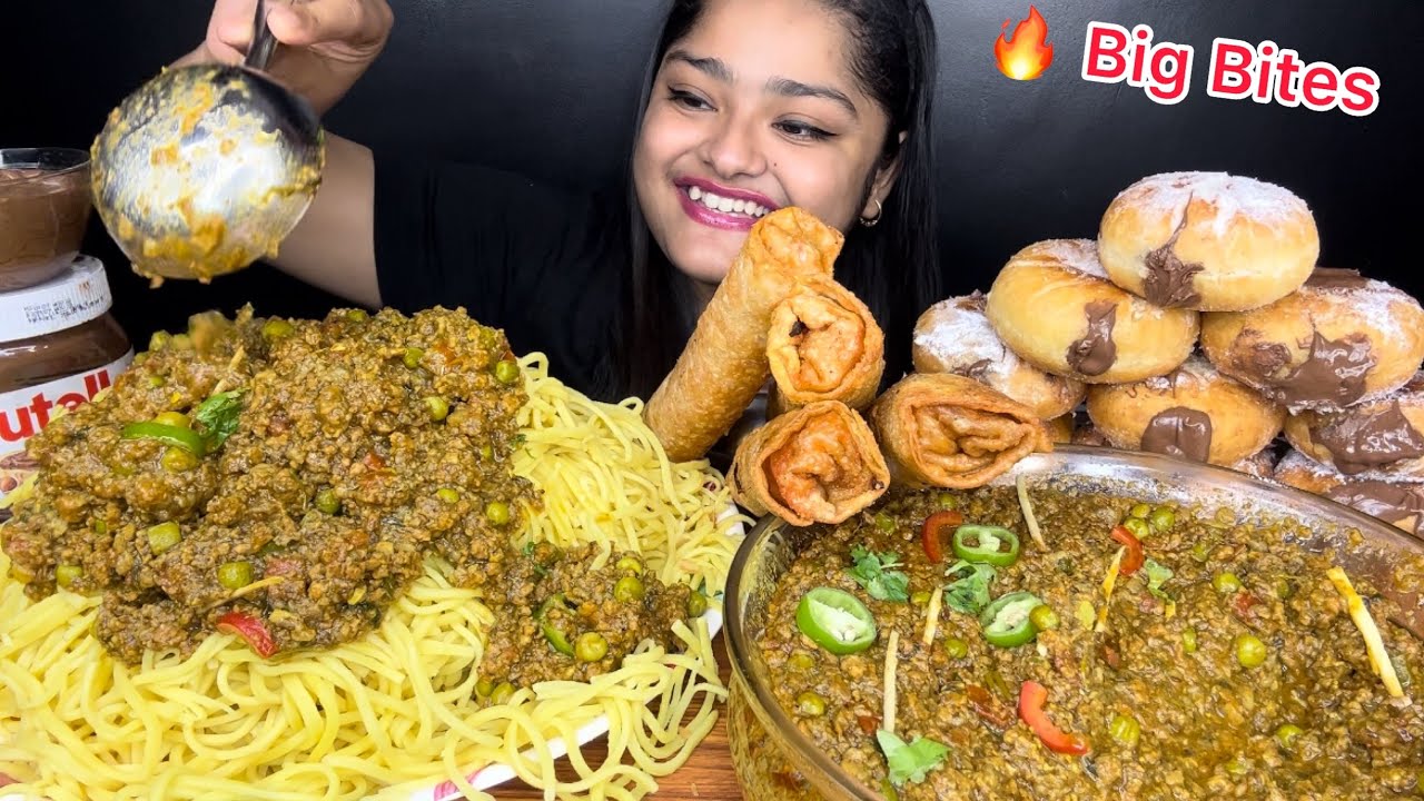 SPICY MUTTON KHEEMA WITH NOODLES, CHICKEN AND NOODLES SPRING ROLLS, NUTELLA STUFFED DONUTS | MUKBANG