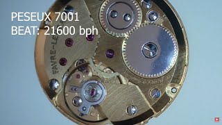 Close view on PESEUX 7001 ▶   Swiss Made mechanical watch movement.