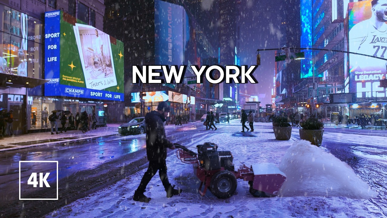 New York, Amerika Serikat | Alun-Alun times | Tur Jalan di Salju 4K