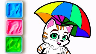 Sand painting of a cat with an umbrella painted with color sand for children