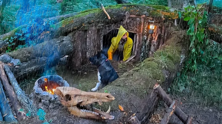7 Days SOLO SURVIVAL CAMPING in RAIN STORM - Building Warm Bushcraft Shelters