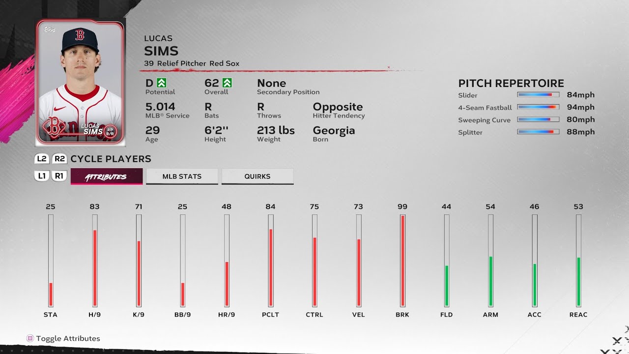 【MLBTheShow24Stats/メジャーリーグ選手能力】RedSox 39 Lucas Sims レッドソックス ルーカス・シムズ選手