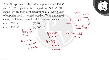 Two identical capacitors are connected in parallel across a potential difference \( V \). A....