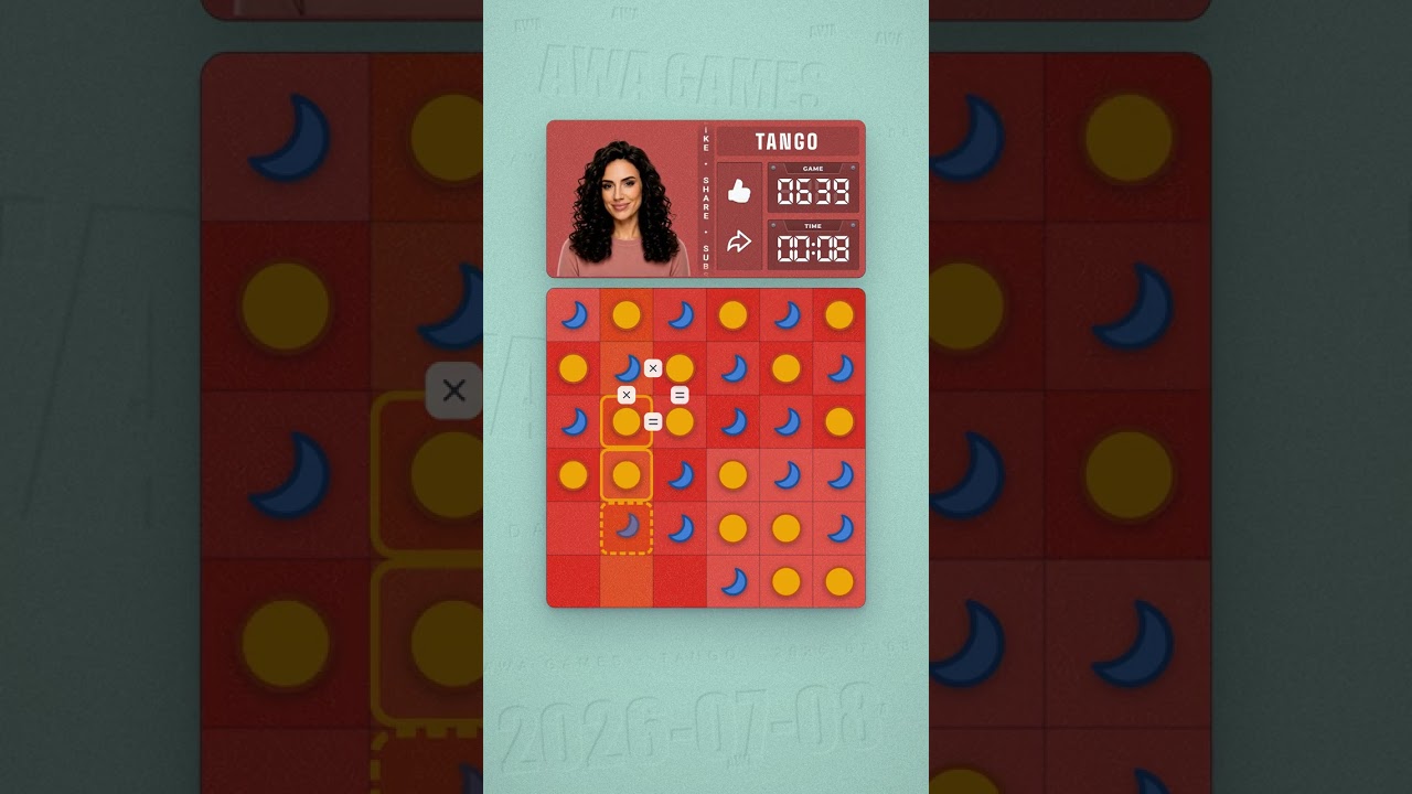 LinkedIn Tango #639 solved board for July 8, 2026, 6x6 grid